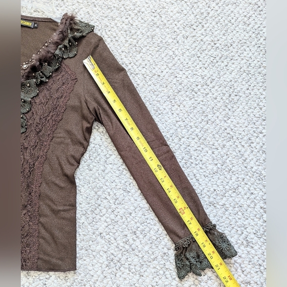 Women's Brown V-Neck Sweater with Beading Faux-Fur & Lace Detailing - Picture 15 of 16